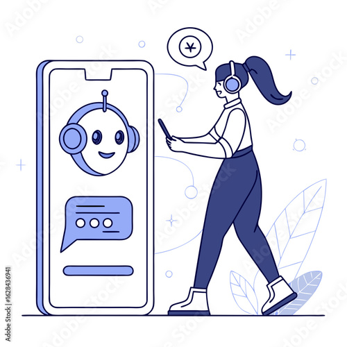 Stylized Woman Using Chatbot on Mobile Phone – Monochrome Blue Illustration of AI Interaction and Support

