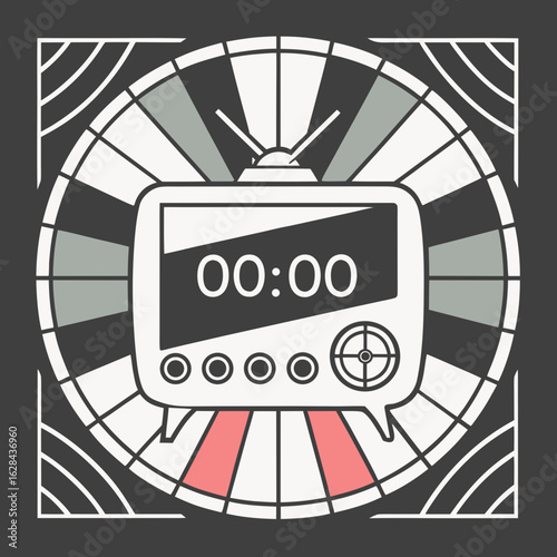 Retro TV Test Pattern on Vintage Television with Timer – Black, White, and Red Cartoon Illustration

