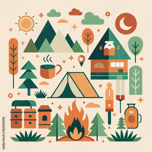 Eco-Tourism Camping Icon Collection – Forest Adventure & Sustainable Travel
