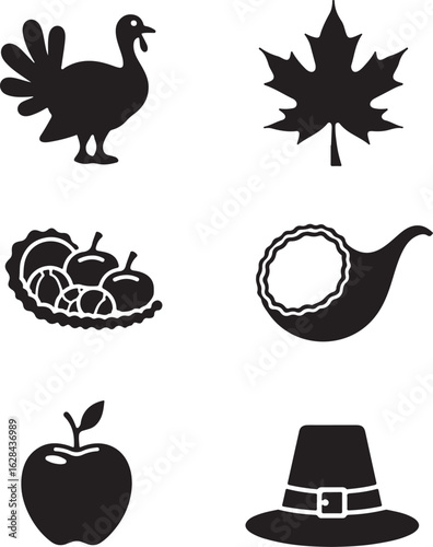 Thanksgiving icons celebrate harvest and autumn bounty with festive symbols