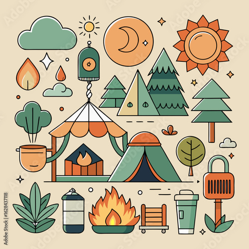 Eco-Tourism Camping Icon Collection – Forest Adventure & Sustainable Travel
