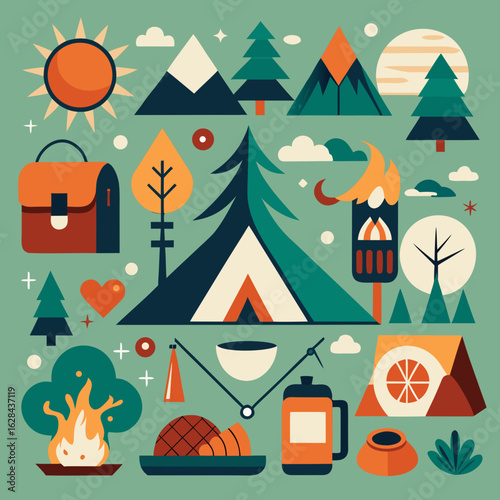 Eco-Tourism Camping Icon Collection – Forest Adventure & Sustainable Travel
