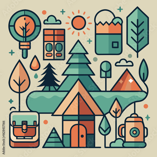 Eco-Tourism Camping Icon Collection – Forest Adventure & Sustainable Travel
