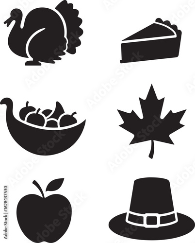 Thanksgiving icons turkey pie apple leaf cornucopia pilgrim hat