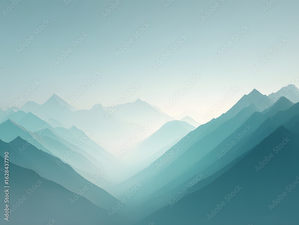 Fototapeta premium An endless valley of translucent geometric peaks glowing faintly under a soft teal sky