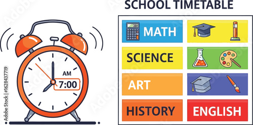 School timetable with subjects and alarm clock ringing at seven AM