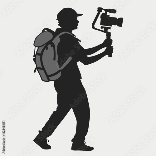 videographer, gimbal, camera stabilizer, filming silhouette, content creator, video shoot, walking filmmaker, backpack gear, mobile video, camera equipment, stabilizer tool, filmmaker silhouette, trav