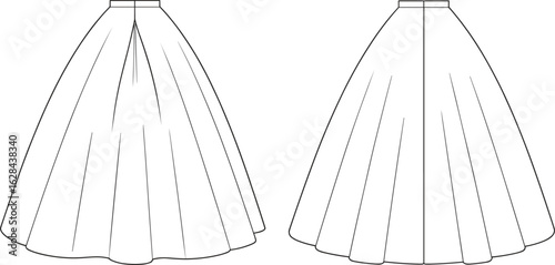 Cad drawing flat vector illustration, pleated skirt design, flared silhouette, waistband detail, fashion sketch, garment template, apparel flat, sewing vector