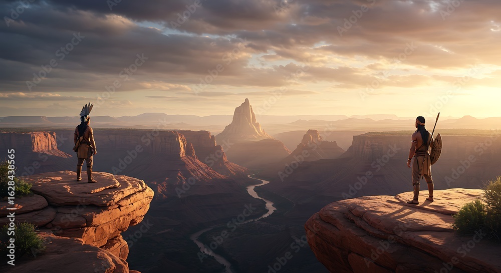 Fototapeta premium Two Native American figures stand silhouetted against a breathtaking sunset over a vast canyon landscape, showcasing a majestic mesa in the distance.