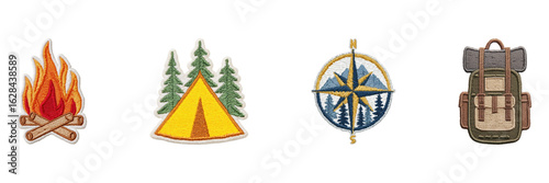 Camping Adventure Embroidered Patches: Campfire, Tent, Compass, Backpack. Outdoor Exploration Symbols Isolated On Transparent Background