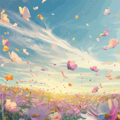Vibrant field flowers flying petals