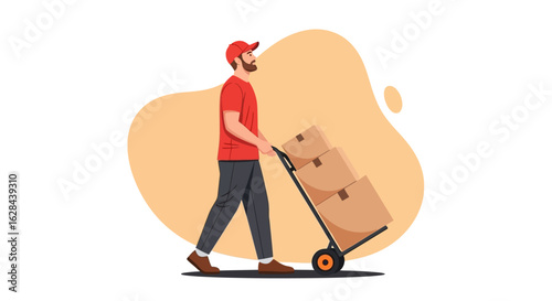 Delivery Man Pushing a Trolley with Boxes, Courier Services, Moving and Shipping Industry Illustration