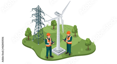Renewable Energy Technicians Inspecting Wind Turbine with Power Grid in Background A Sustainable Energy Concept