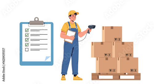 Warehouse employee using a scanner for stocktaking. Logistics worker managing inventory with a checklist and parcels.