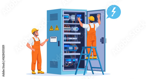 Professional electricians team performing maintenance on a power distribution control panel cabinet. Industrial energy system repair concept.