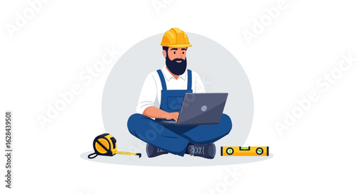 A professional builder in a hard hat using a laptop for project management. Vector illustration of a construction worker with tools.