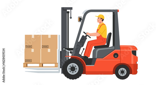 Warehouse worker operating a red forklift truck, loading cardboard boxes on a wooden pallet. Isolated industrial transport vector.