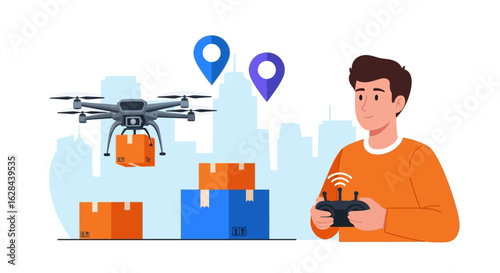 Man operating a remote control for a logistic drone delivery service with location tracking in a modern city.