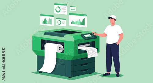 A male operator managing an industrial printing press with digital data visualization dashboards. Flat vector illustration concept.