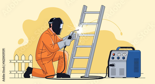 Industrial welder in protective gear using an arc welding machine to repair a metal ladder. Metalworking and construction industry illustration.
