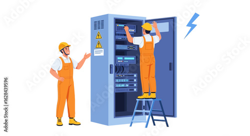 Two electricians performing maintenance on a server rack. Vector illustration of technicians working on an electrical panel cabinet.