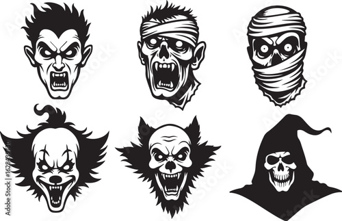 Scary monster faces for Halloween designs and spooky themes