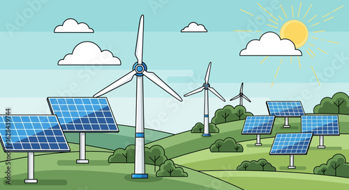 Conceptual illustration of a sustainable energy farm with wind turbines and solar panels generating clean power in a green landscape.