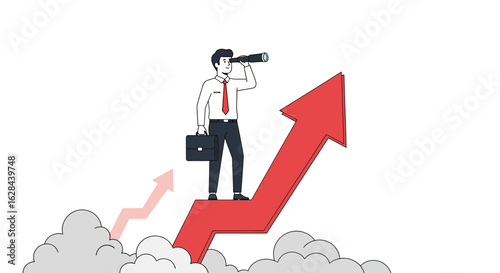 Businessman with a telescope looking for future opportunities. A visionary leader standing on a rising red arrow symbolizing growth and success.