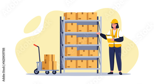 Warehouse worker woman managing inventory with a clipboard. Female logistics manager checking stock boxes on shelves. Vector illustration.