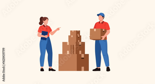Logistics professionals at work in a warehouse. A man and woman team sorting cardboard boxes for shipping.