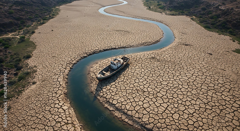 Obraz premium Dried riverbed with a meandering waterway and a derelict vessel, showcasing environmental drought.