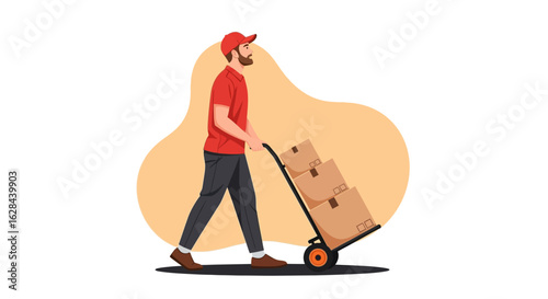 Vector illustration of a professional courier pushing a hand truck loaded with cardboard boxes. Logistics and delivery service concept.