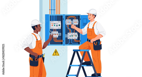 Professional electricians in hard hats and overalls performing maintenance on an electrical distribution board. Industrial vector concept.