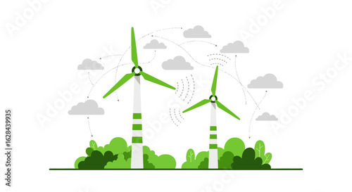 Vector illustration of green energy technology. Wind turbines generating sustainable power connected to a smart grid network.