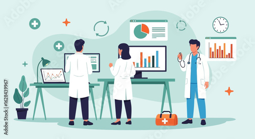 Medical professionals analyzing healthcare data on computers. Concept of health informatics, medical research, and technology in a modern clinic.