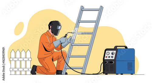 A skilled welder in protective gear meticulously repairs a metal ladder using an arc welding machine. Industrial illustration concept.