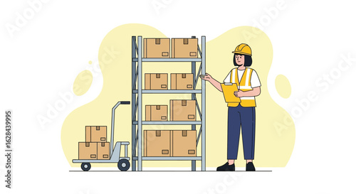 Female warehouse operator with a hard hat checking cardboard boxes on a rack. Supply chain management.