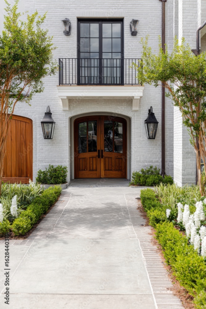 Fototapeta premium Beautiful house entrance with landscaped garden walkway and welcoming double wooden doors in a sunny residential neighborhood