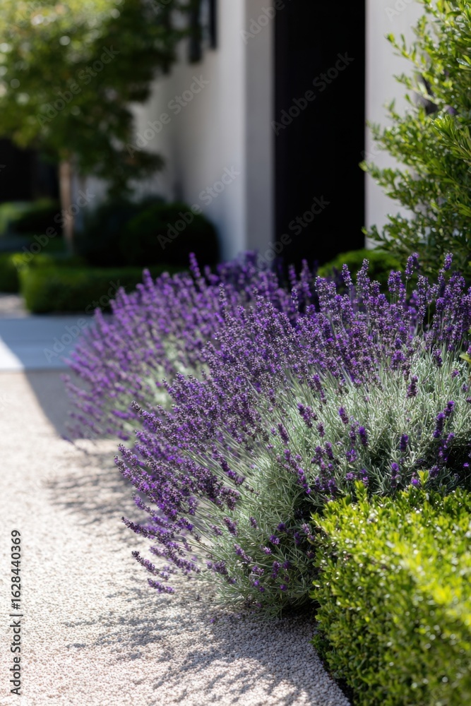 Fototapeta premium Lush lavender blooms and neatly trimmed hedges create a serene outdoor atmosphere in a modern garden setting during a sunny day