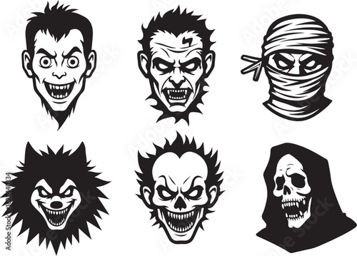 Spooky monster faces graphic set for frightful designs