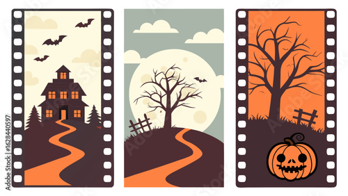 Three halloween film strips with haunted house, moonlit tree, and jack o lantern scenes displayed nicely