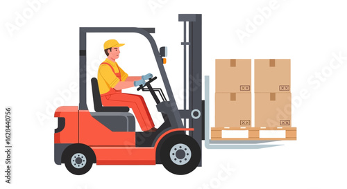 Forklift operator moving cardboard boxes on a pallet. Warehouse logistics and industrial cargo transportation vector illustration.