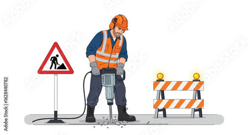 Illustration of a construction worker in protective gear using a jackhammer for road repairs, with a warning sign and safety barrier.