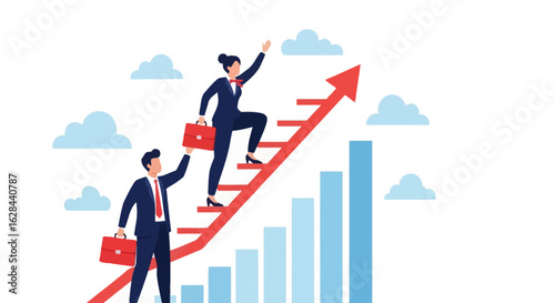 Business team collaboration for career growth and success. A man and woman climbing a rising arrow graph.