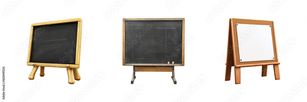 Obraz premium Three Types Of Chalkboards And Whiteboard Stands. Educational And Presentation Tools Isolated On Transparent Background