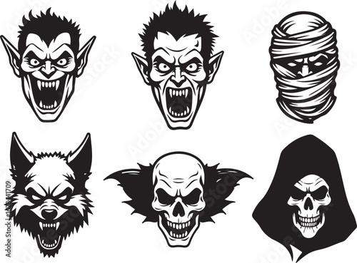 Spooky Halloween monsters and skulls for frightful designs
