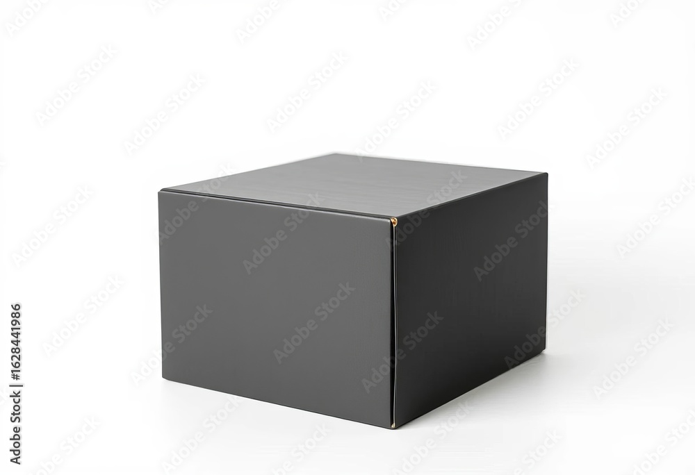 Fototapeta premium A matte black cardboard box, square, sits alone against a stark white background, dark background, texture