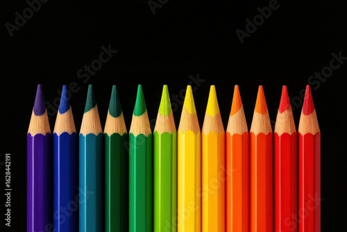 A vibrant array of colorful pencils stands out against a stark black background, symbolizing creativity and diversity