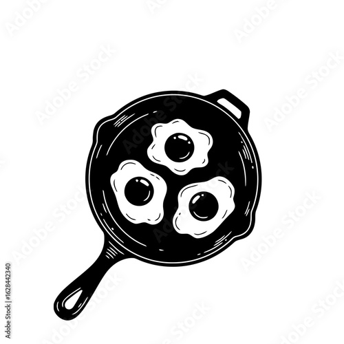 A black and white illustration of three fried eggs in a cast iron skillet