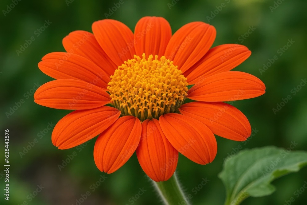 A single, radiant orange flower stands out against a verdant backdrop, its petals unfurling in a display of nature's artistry A single, radiant orange flower stands out against a verdant backdrop, its petals unfurling in a display of nature's artistry